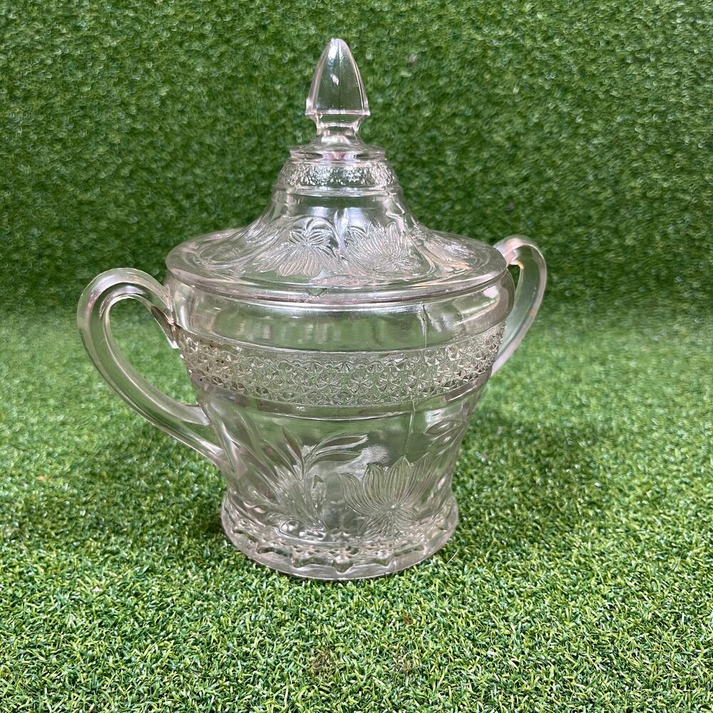 Vintage Clear Pressed Glass Lidded Sugar Bowl with Double Handles